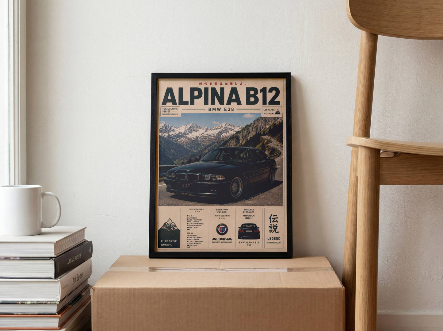 BMW Alpina B12 E38 Mountain Pass Poster – Affiche Automobile Vintage Alpes & Youngtimer de Prestige