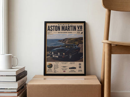 Aston Martin V8 Vantage Coastal Drive Poster – Affiche Automobile Vintage British GT & Road Trip