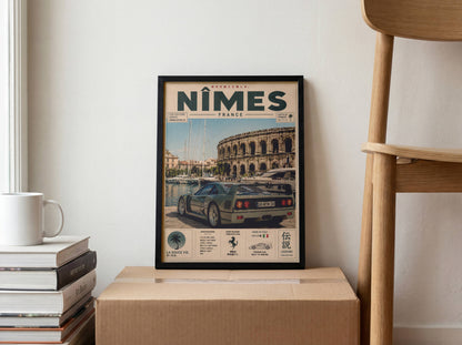 Ferrari F40 Nîmes Vintage Travel Poster – Affiche Automobile Rétro France & Supercar Iconique