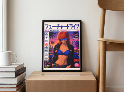 Y2K Future Drive Poster | Retro Anime City Art Print | Neon Sunset Wall Decor | Futuristic Vaporwave Poster