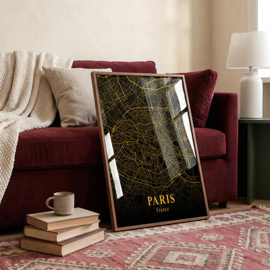 Vintage Gold City Map Poster – Paris France Street Map Print, Black & Gold Wall Art, Boho Modern Home Decor