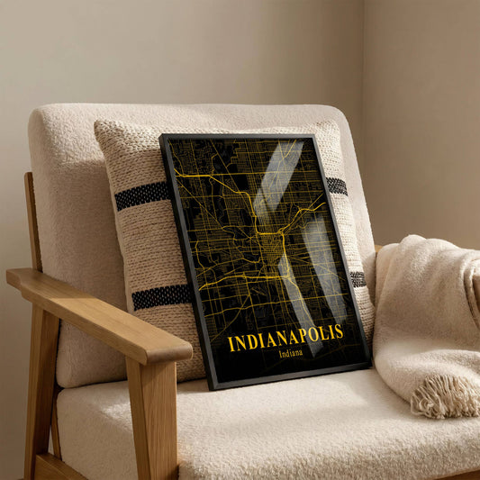 Vintage Gold City Map Poster – Indianapolis USA Street Map Print, Black & Gold Wall Art, Boho Modern Home Decor