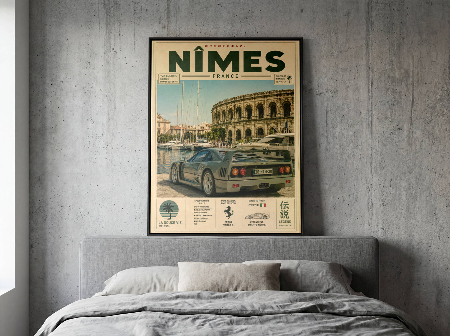 Ferrari F40 Nîmes Vintage Travel Poster – Affiche Automobile Rétro France & Supercar Iconique