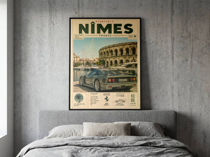Ferrari F40 Nîmes Vintage Travel Poster – Affiche Automobile Rétro France & Supercar Iconique