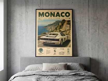 Ferrari Testarossa Monaco Riviera Poster – Affiche Vintage Côte d’Azur & Supercar Italienne