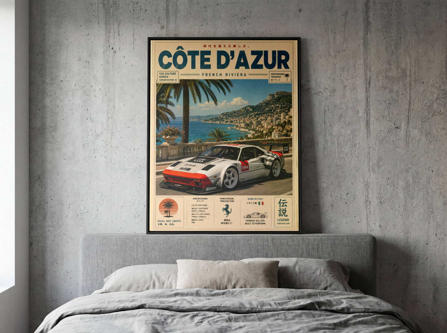 Ferrari 244 GTK Côte d’Azur Poster Vintage – Affiche Riviera Française & Voiture de Collection