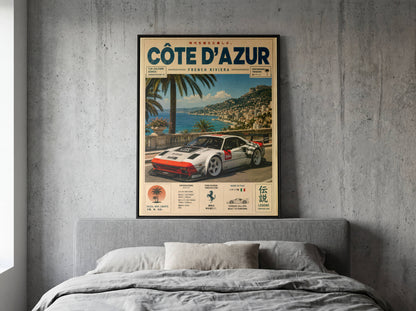 Ferrari 244 GTK Côte d’Azur Poster Vintage – Affiche Riviera Française & Voiture de Collection