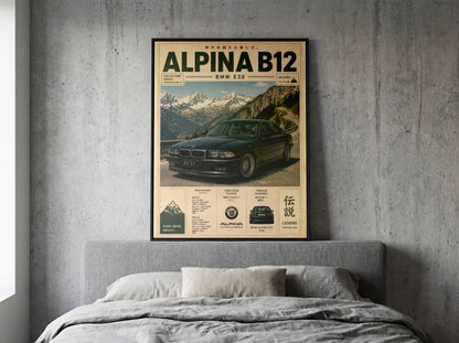 BMW Alpina B12 E38 Mountain Pass Poster – Affiche Automobile Vintage Alpes & Youngtimer de Prestige