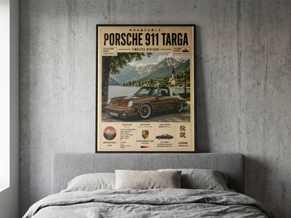 Porsche 911 Targa Alpine Escape Poster – Affiche Vintage Automobile Classique & Paysages de Montagne