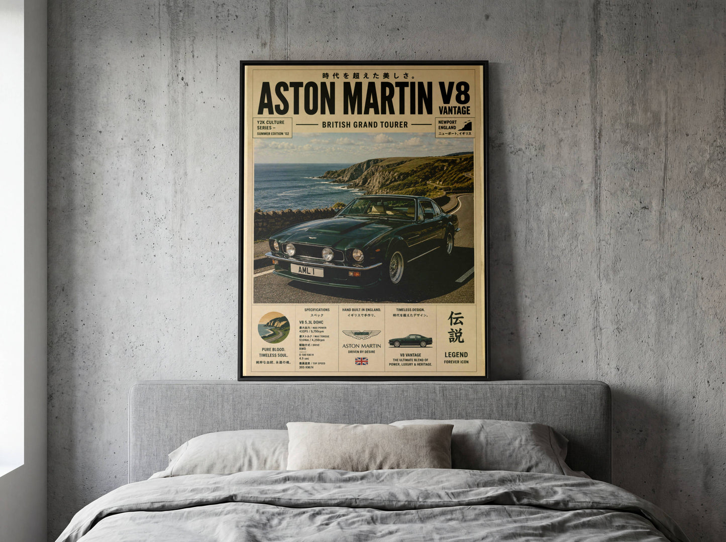 Aston Martin V8 Vantage Coastal Drive Poster – Affiche Automobile Vintage British GT & Road Trip