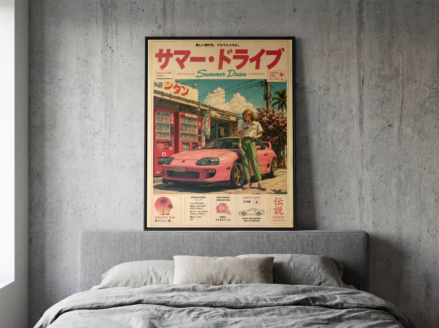 Toyota Supra MK4 Summer Drive Poster – Affiche JDM Japonaise Vintage Rose Style Y2K