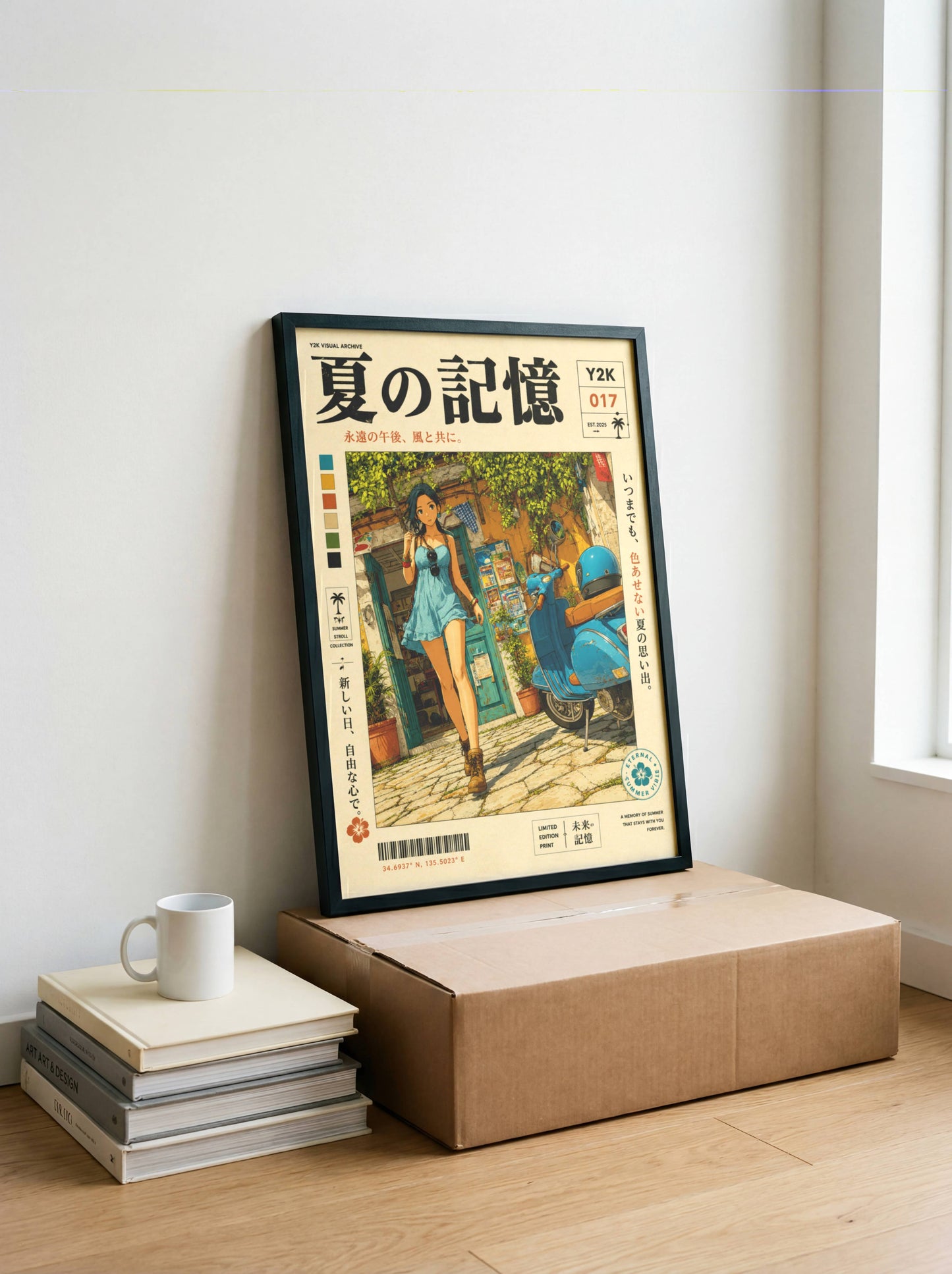Mediterranean Summer Stroll – Y2K Scooter Girl Poster, Vintage Coastal Village, Anime Aesthetic Wall Art