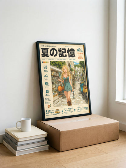 Golden Hour Stroll – Y2K Mediterranean Summer Poster, Blonde Girl in Coastal Village, Vintage Holiday Magazine Cover Art