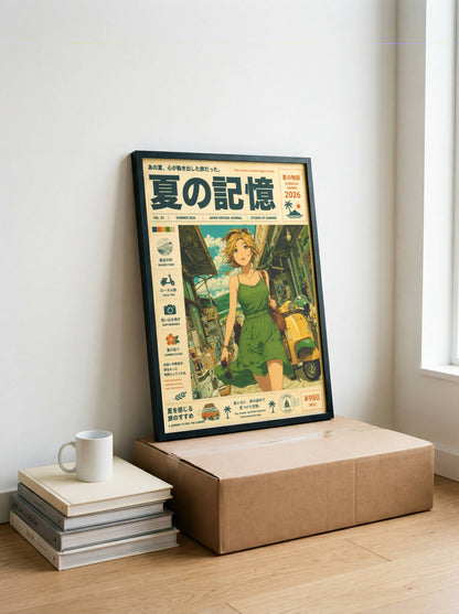 Emerald Summer Runaway – Y2K Coastal Poster, Green Dress Girl & Yellow Vespa, Mediterranean Village Wall Art