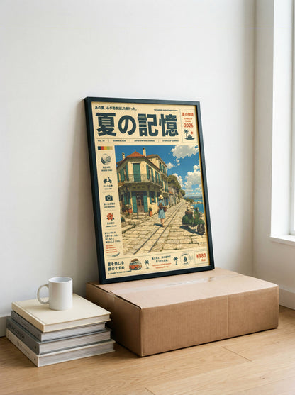 Seaside Promenade Reverie – Y2K Mediterranean Coast Poster, Oceanfront Village Walk, Vintage Summer Travel Wall Art