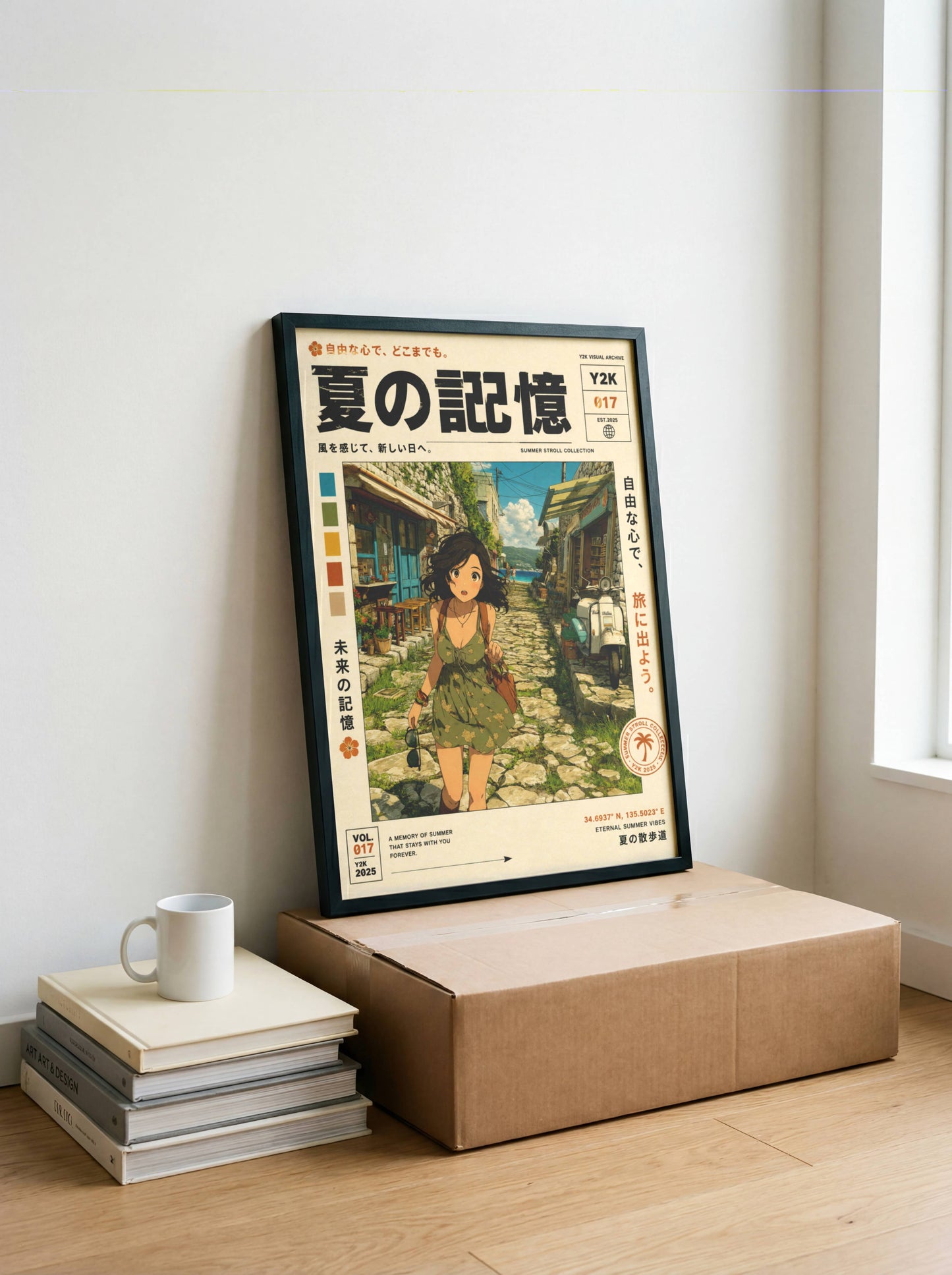 Sunlit Village Dreams – Y2K Summer Girl Poster, Mediterranean Alleyway, Coastal Escape, Retro Anime Wall Art