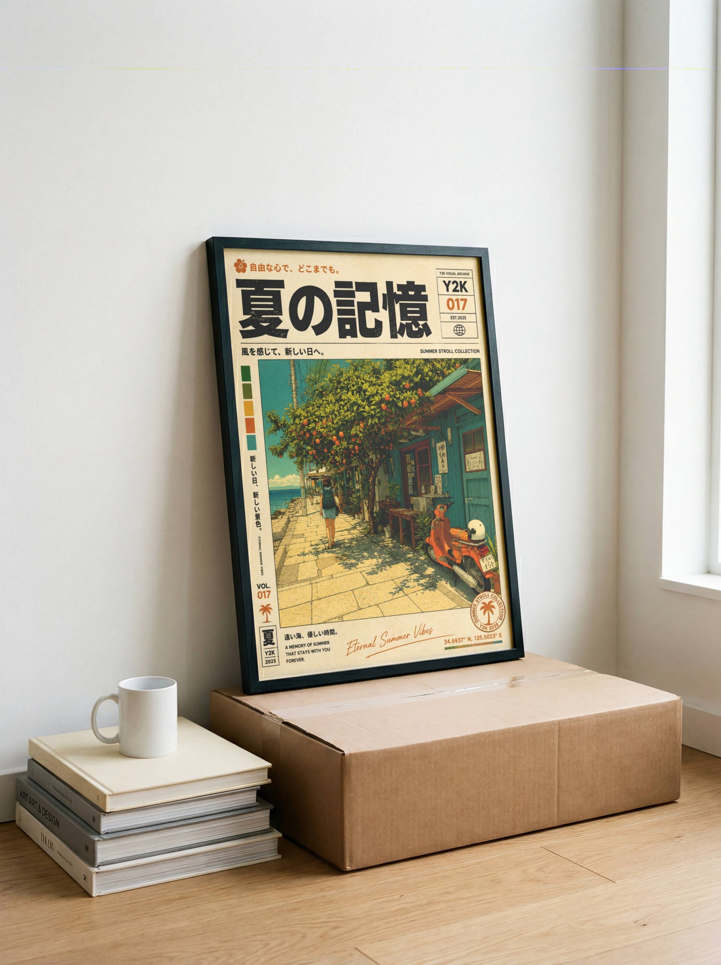 Azure Coast Hideaway – Vintage Scooter Poster, Mediterranean Seaside Street, Y2K Summer Archive, Retro Travel Wall Art