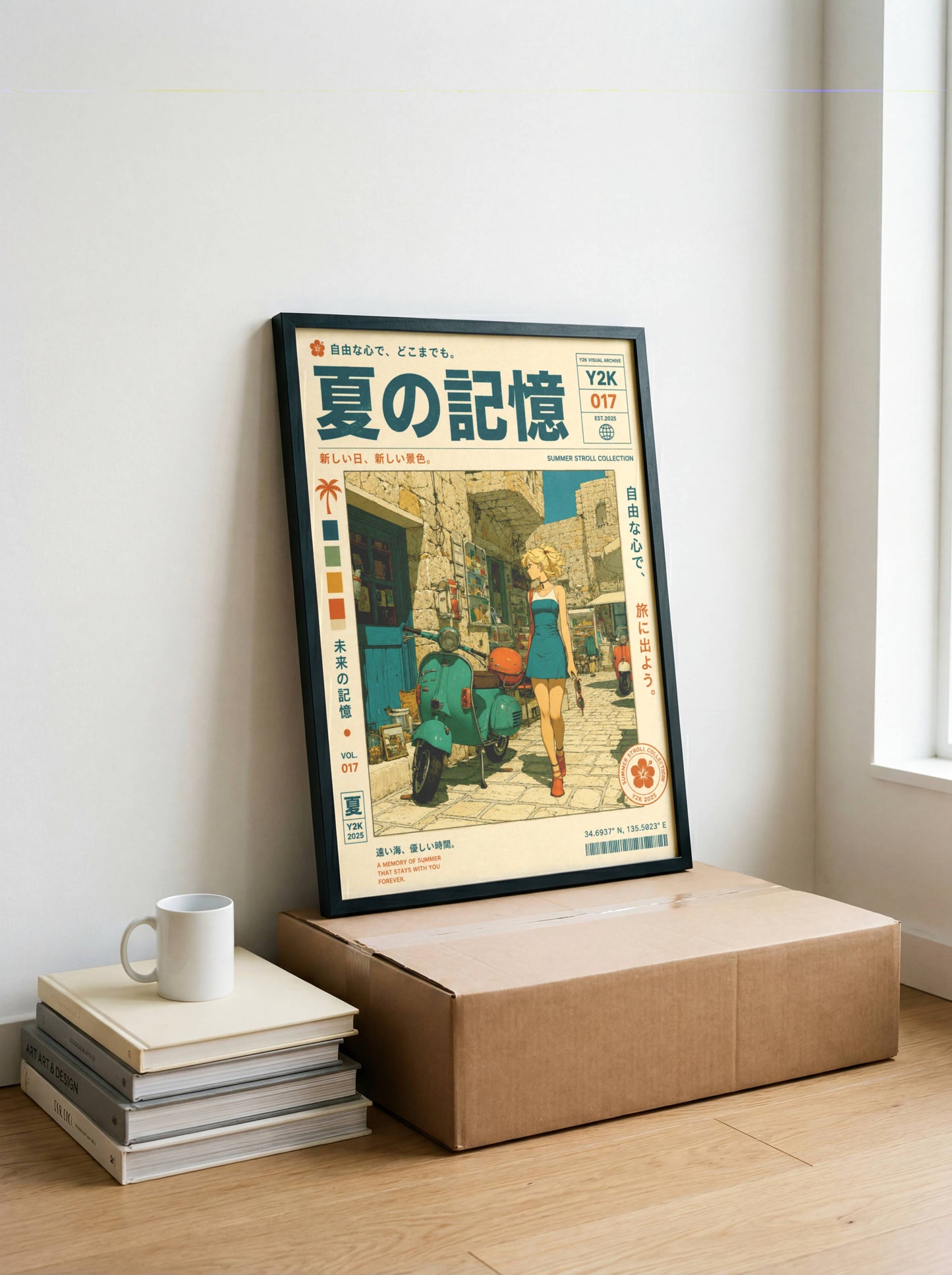 Scooter Rendez-vous – Y2K Summer Girl Poster, Mediterranean Stone Village, Vintage Vespa Aesthetic, Coastal Holiday Wall Art