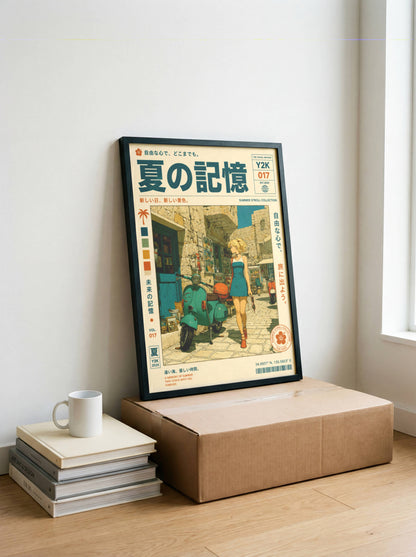 Scooter Rendez-vous – Y2K Summer Girl Poster, Mediterranean Stone Village, Vintage Vespa Aesthetic, Coastal Holiday Wall Art
