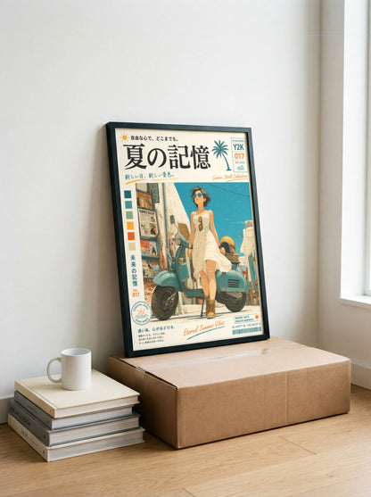 White Dress, Blue Horizons – Y2K Mediterranean Summer Poster, Vintage Scooter Aesthetic, Seaside Escape Wall Art, Coastal Dreamscape