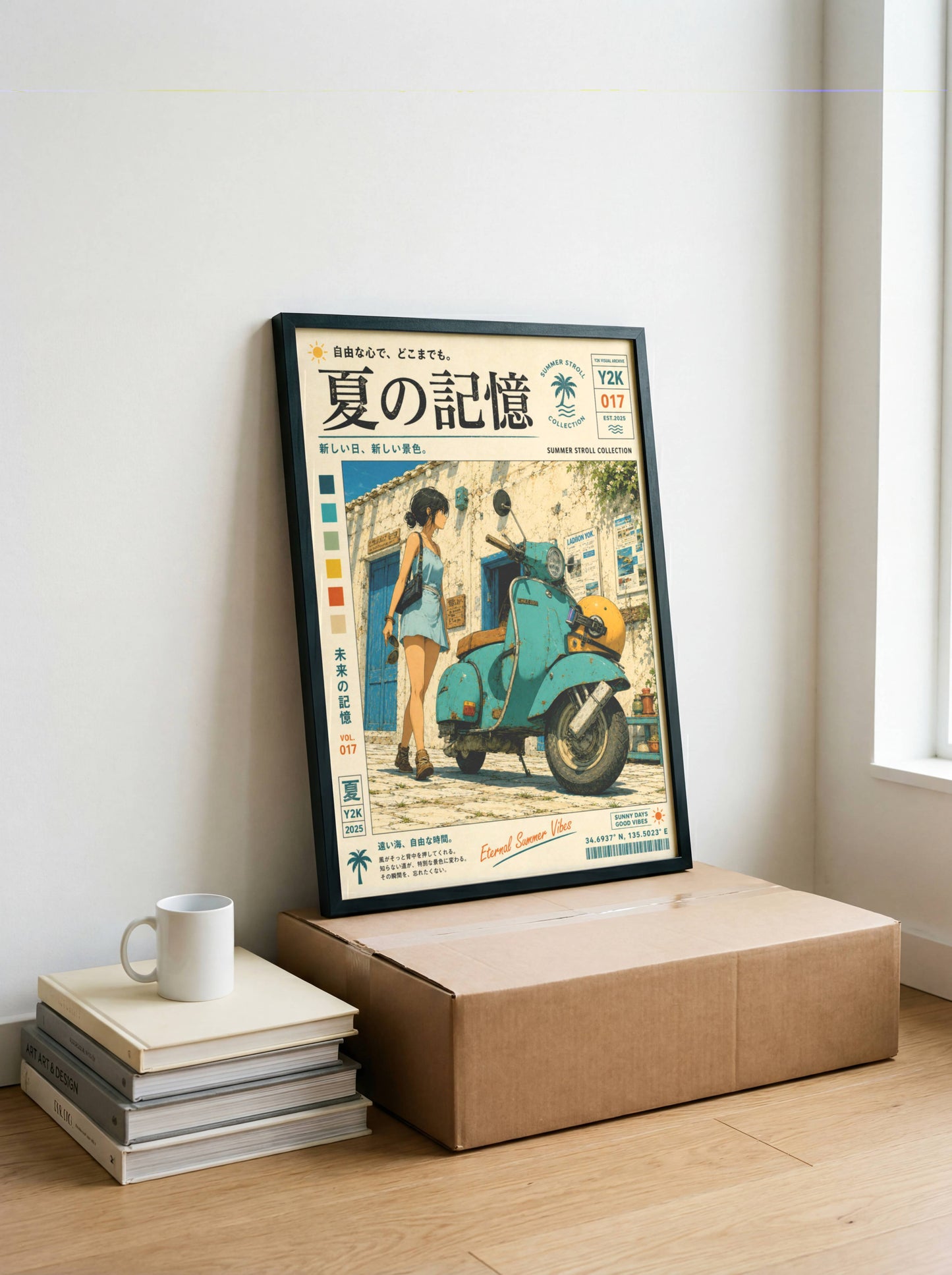 Blue Vespa Afternoon – Y2K Summer Memories Poster, Mediterranean Scooter Girl, Vintage Coastal Street Scene, Retro Travel Print