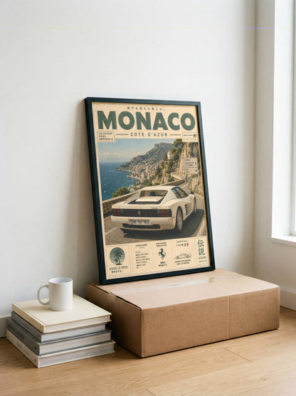 Ferrari Testarossa Monaco Riviera Poster – Affiche Vintage Côte d’Azur & Supercar Italienne