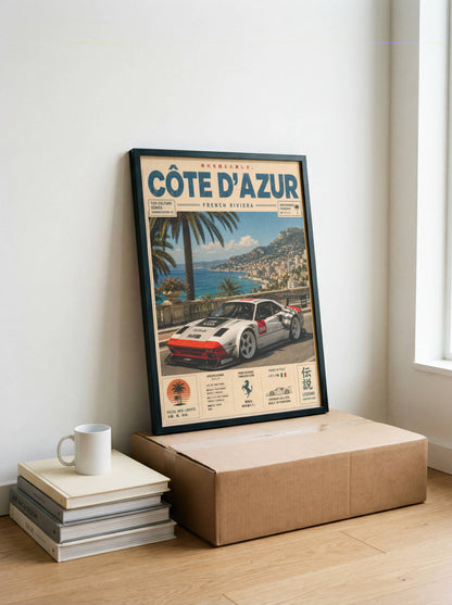 Ferrari 244 GTK Côte d’Azur Poster Vintage – Affiche Riviera Française & Voiture de Collection