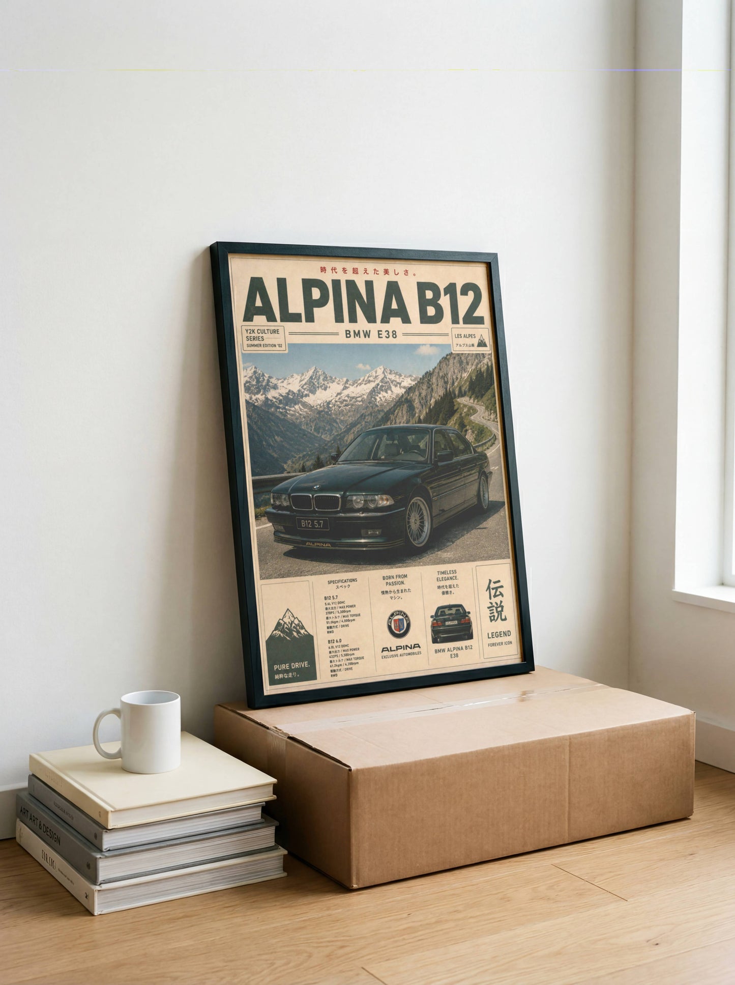 BMW Alpina B12 E38 Mountain Pass Poster – Affiche Automobile Vintage Alpes & Youngtimer de Prestige