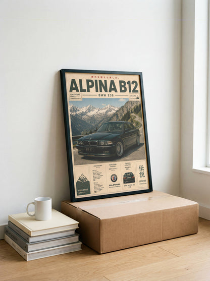 BMW Alpina B12 E38 Mountain Pass Poster – Affiche Automobile Vintage Alpes & Youngtimer de Prestige