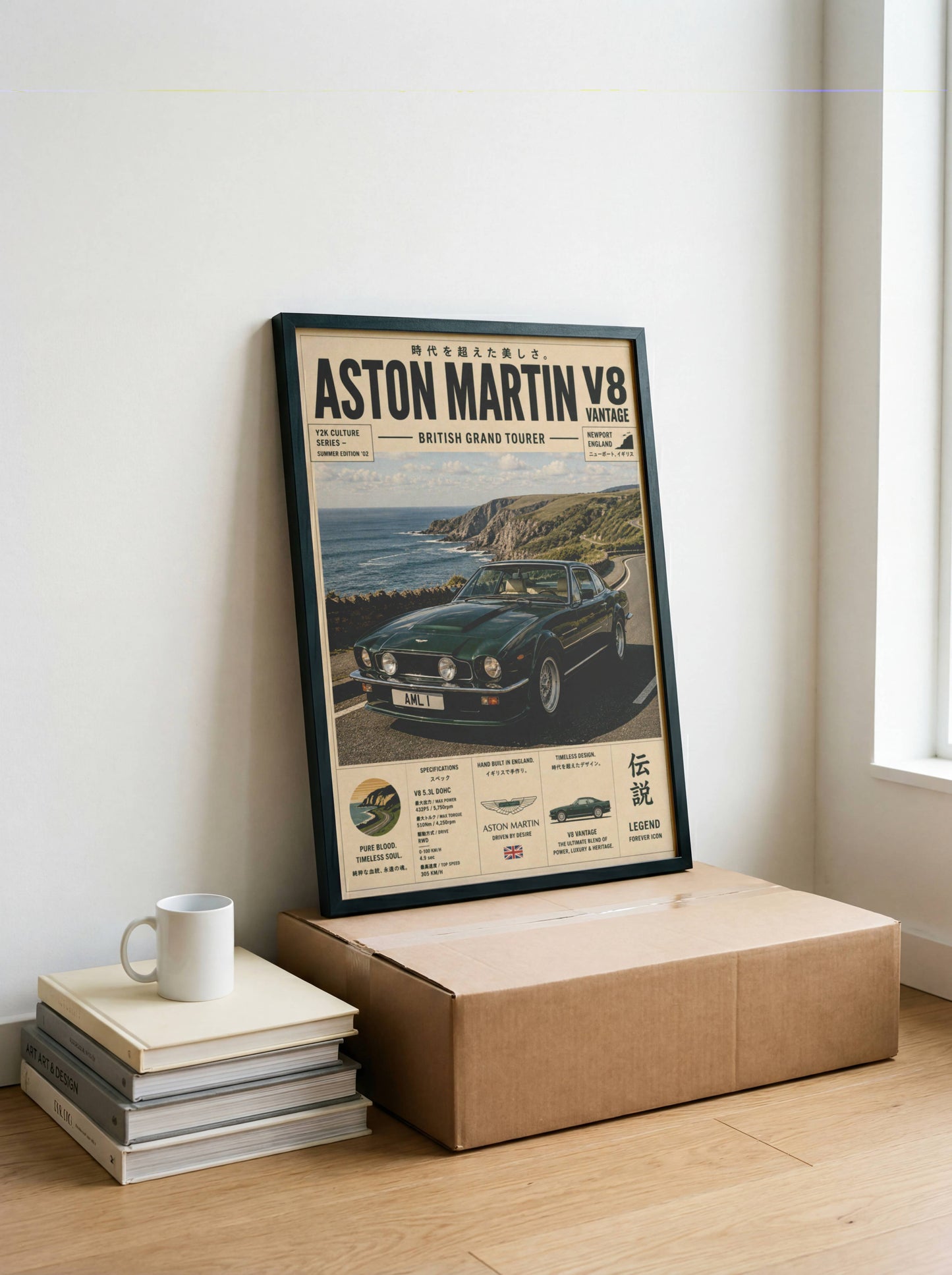 Aston Martin V8 Vantage Coastal Drive Poster – Affiche Automobile Vintage British GT & Road Trip