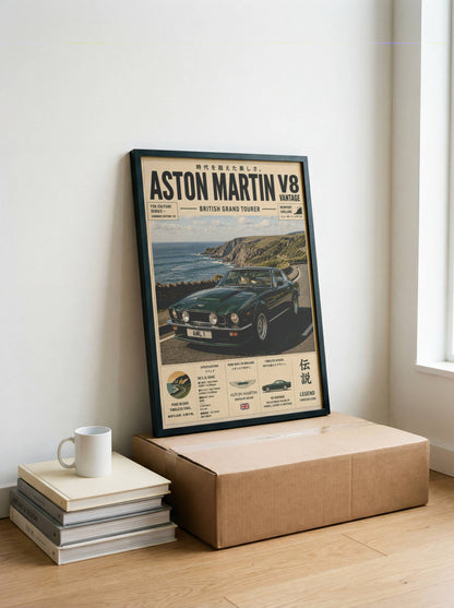 Aston Martin V8 Vantage Coastal Drive Poster – Affiche Automobile Vintage British GT & Road Trip