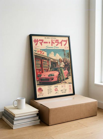 Toyota Supra MK4 Summer Drive Poster – Affiche JDM Japonaise Vintage Rose Style Y2K