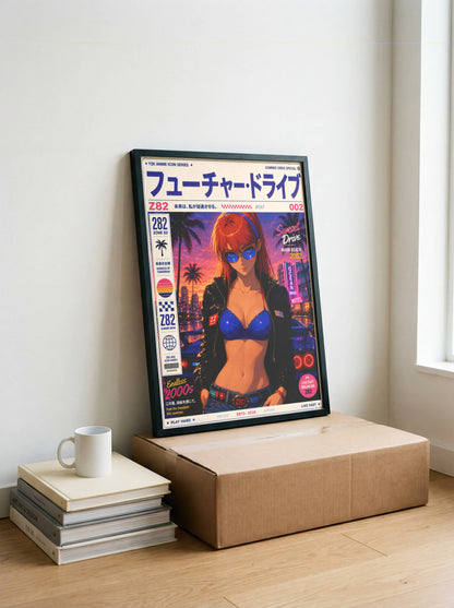 Y2K Future Drive Poster | Retro Anime City Art Print | Neon Sunset Wall Decor | Futuristic Vaporwave Poster