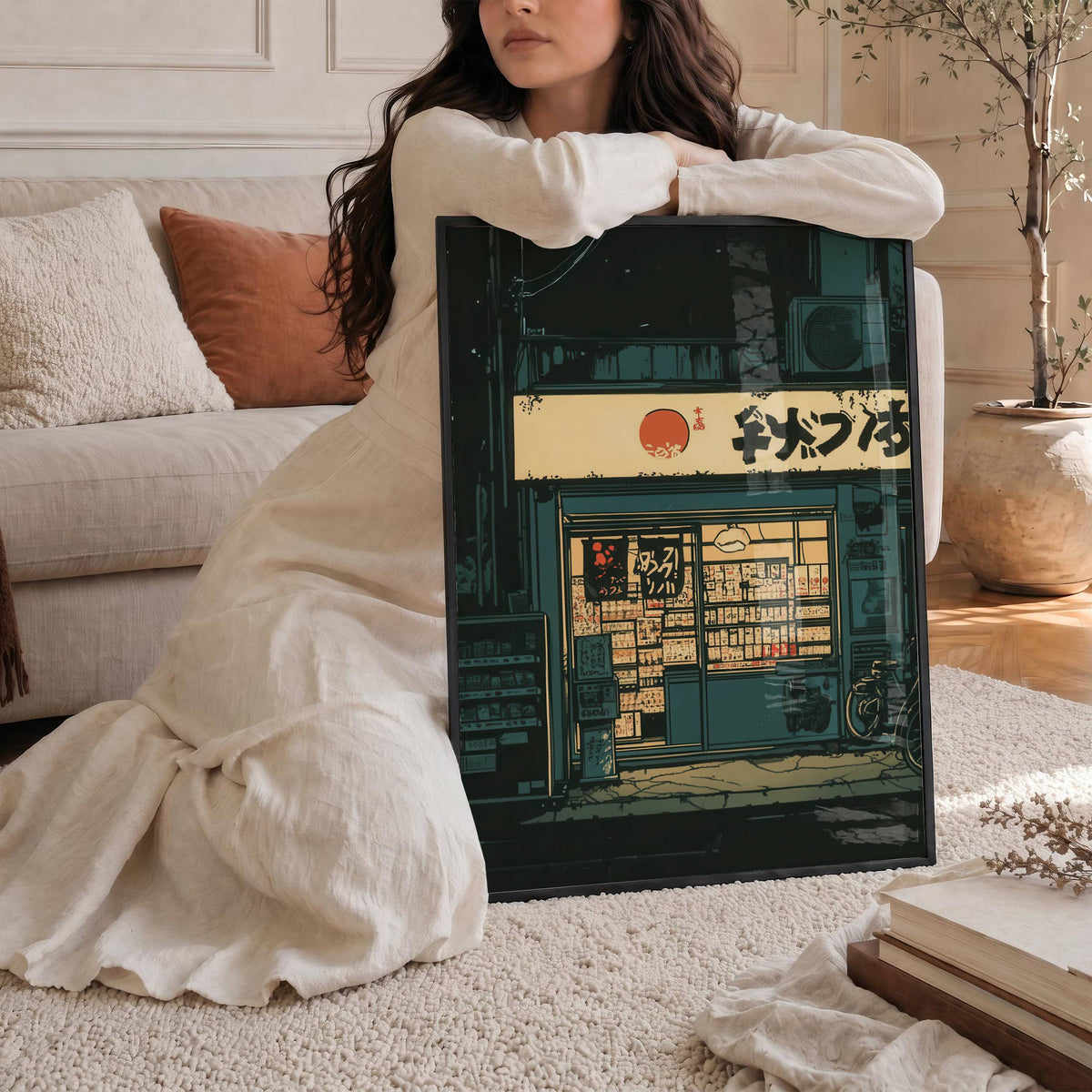 Affiche devanture japonaise illuminée – Commerce traditionnel de Tokyo – Art mural rétro – Décoration ambiance nocturne