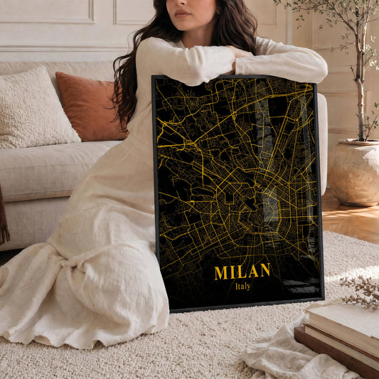 Vintage Gold City Map Poster – Milan Italie Street Map Print, Black & Gold Wall Art, Boho Modern Home Decor