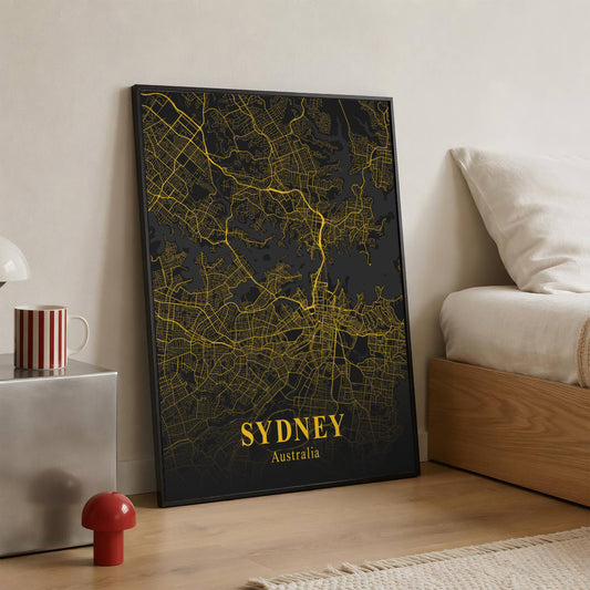 Vintage Gold City Map Poster – Sydney Australie Street Map Print, Black & Gold Wall Art, Boho Modern Home Decor