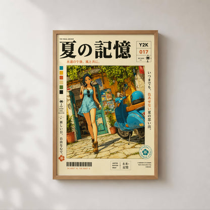 Mediterranean Summer Stroll – Y2K Scooter Girl Poster, Vintage Coastal Village, Anime Aesthetic Wall Art