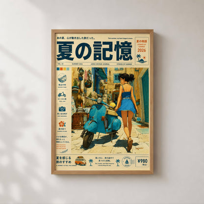 Azure Scooter Getaway – Y2K Summer Poster, Blue Vespa & Mediterranean Alley, Vintage Coastal Holiday Wall Art