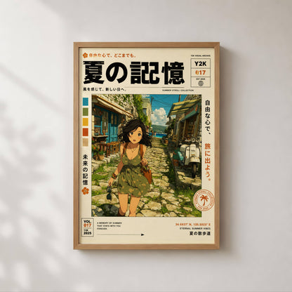 Sunlit Village Dreams – Y2K Summer Girl Poster, Mediterranean Alleyway, Coastal Escape, Retro Anime Wall Art