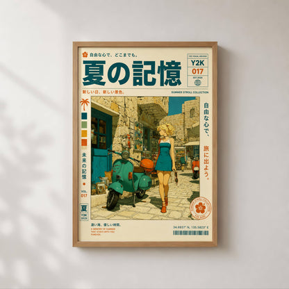 Scooter Rendez-vous – Y2K Summer Girl Poster, Mediterranean Stone Village, Vintage Vespa Aesthetic, Coastal Holiday Wall Art