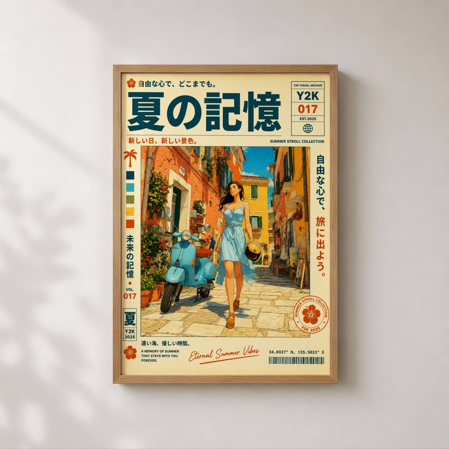 Sunlit Vespa Boulevard – Y2K Mediterranean Summer Poster, Blue Scooter Girl, Coastal Village Wanderlust, Vintage Travel Art