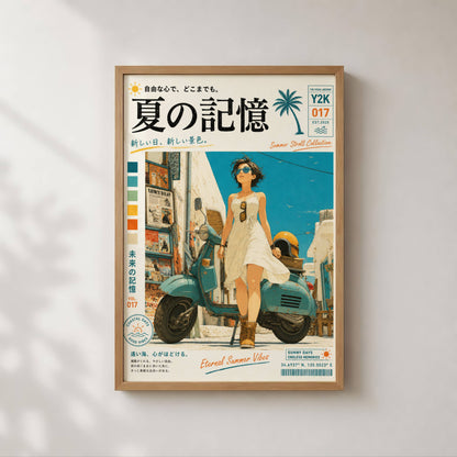 White Dress, Blue Horizons – Y2K Mediterranean Summer Poster, Vintage Scooter Aesthetic, Seaside Escape Wall Art, Coastal Dreamscape