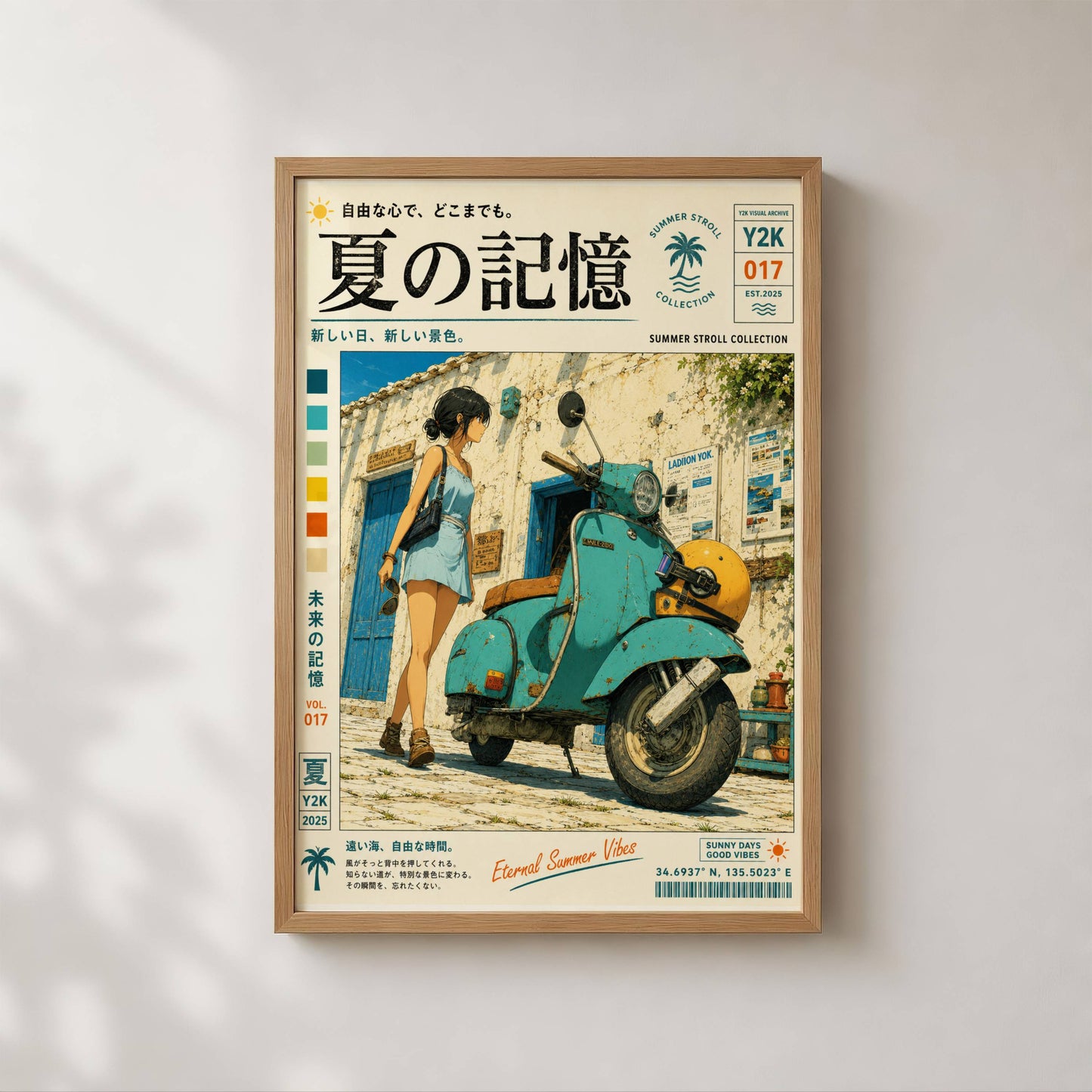 Blue Vespa Afternoon – Y2K Summer Memories Poster, Mediterranean Scooter Girl, Vintage Coastal Street Scene, Retro Travel Print