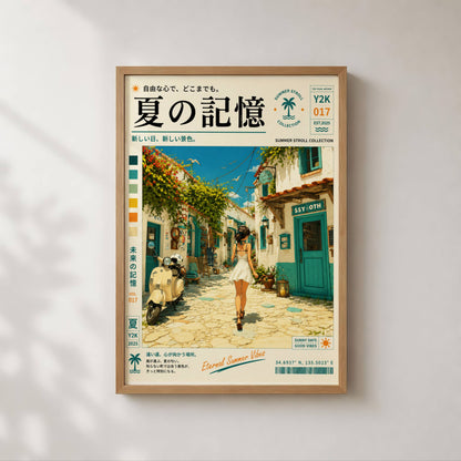 Mediterranean White Streets – Y2K Summer Girl Poster, Sunlit Coastal Village, Vintage Holiday Aesthetic, Seaside Wanderlust Print