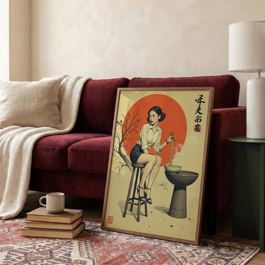 Affiche vintage japonaise femme rétro – Illustration élégante, décoration murale style japonais, art mural vintage minimaliste