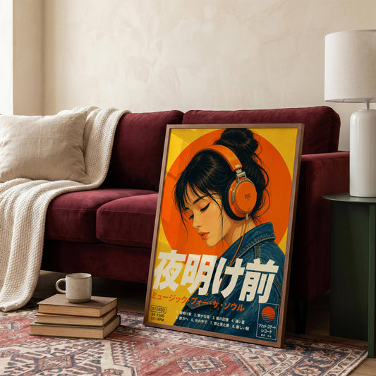 Affiche Femme Casque Audio | Art Musical Japonais Rétro | Décoration Pop Vintage
