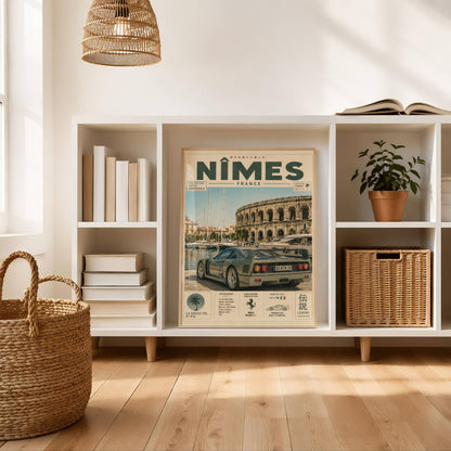 Ferrari F40 Nîmes Vintage Travel Poster – Affiche Automobile Rétro France & Supercar Iconique