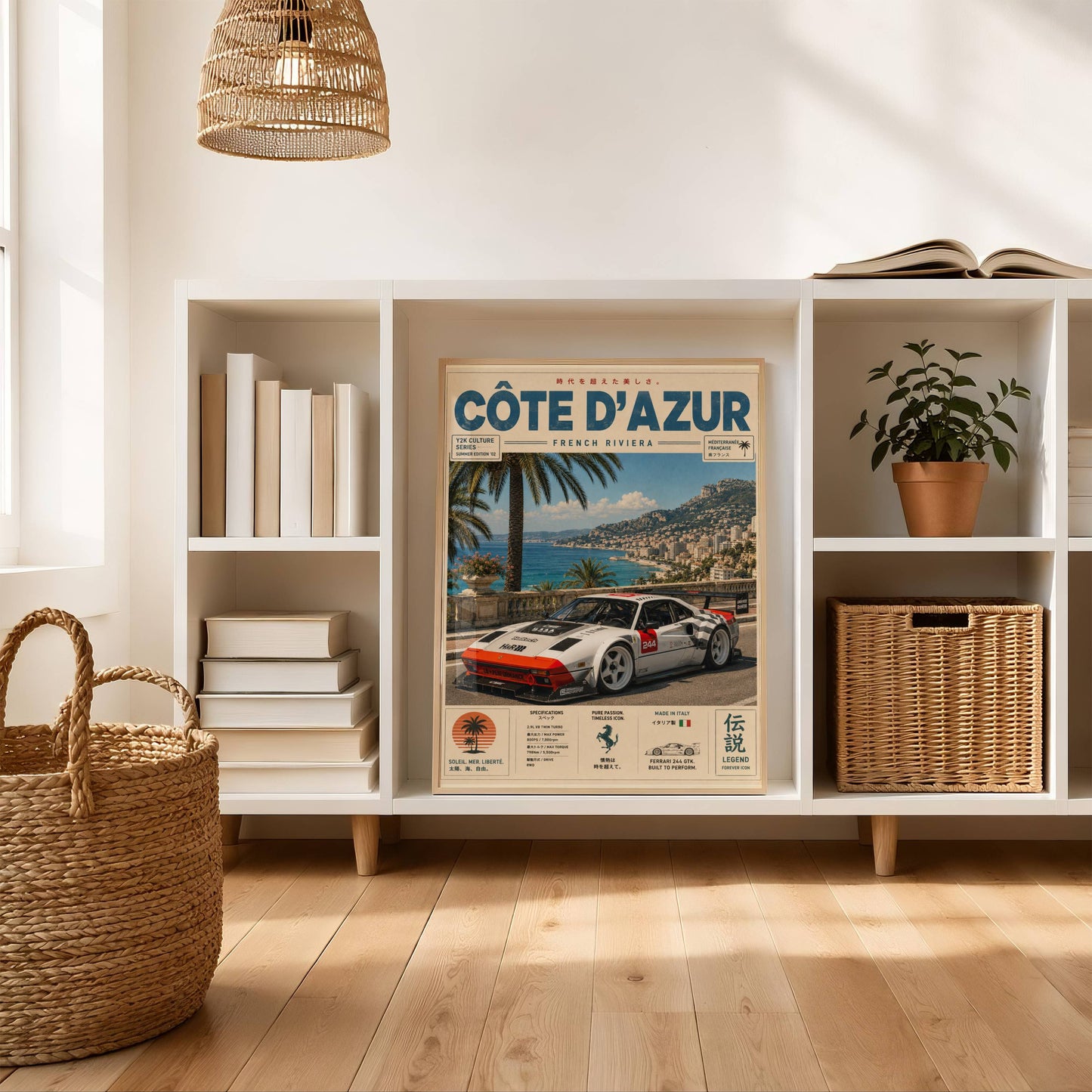 Ferrari 244 GTK Côte d’Azur Poster Vintage – Affiche Riviera Française & Voiture de Collection