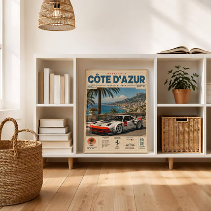 Ferrari 244 GTK Côte d’Azur Poster Vintage – Affiche Riviera Française & Voiture de Collection