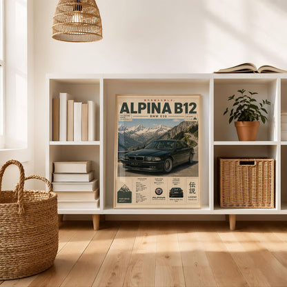 BMW Alpina B12 E38 Mountain Pass Poster – Affiche Automobile Vintage Alpes & Youngtimer de Prestige